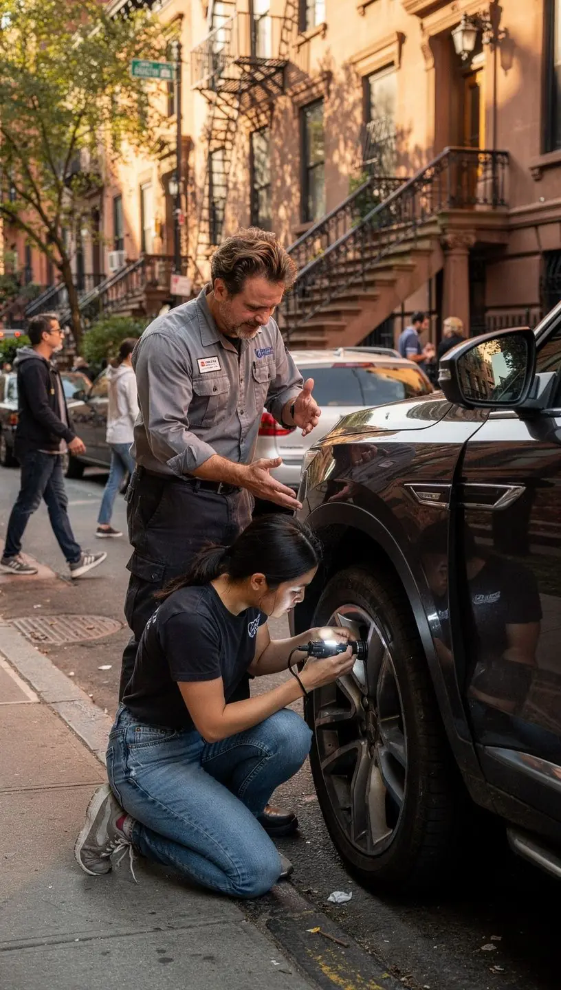 Auto repair specialist assessing undercarriage components for pothole-related damage
